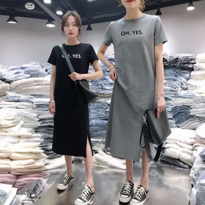

Summer Short-sleeved Mid-length Women's Loose-Fit Belly Covering Large Size Slit Skirt over-the-Knee Printed Lettered Base T-shi