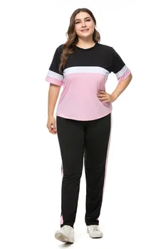 

Plus Size Two Piece Set Top and Pants Women Short Sleeve T-shirt Long Pants Patchwork Casual Tracksuit Sets Sport Jogging Suits