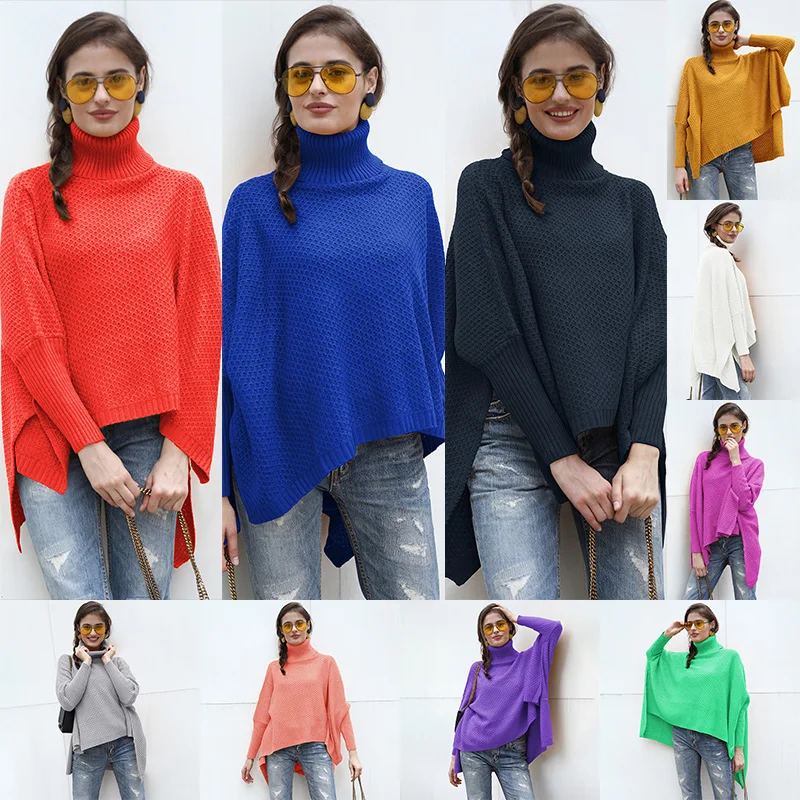 Knit Sweater Women Knitted Sweater Turtleneck Pullover Long Sleeve Split Irregular Solid Loose Jumper female Knitwear Pink Black