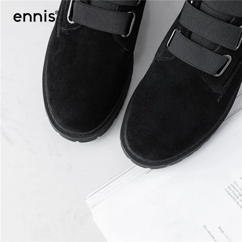 ENNIS Black Flat Boots Women Cow Suede Leather Snow Boots Winter Ankle Boots Female Warm Plush Shoes Designer Lace Up Shoe A9322