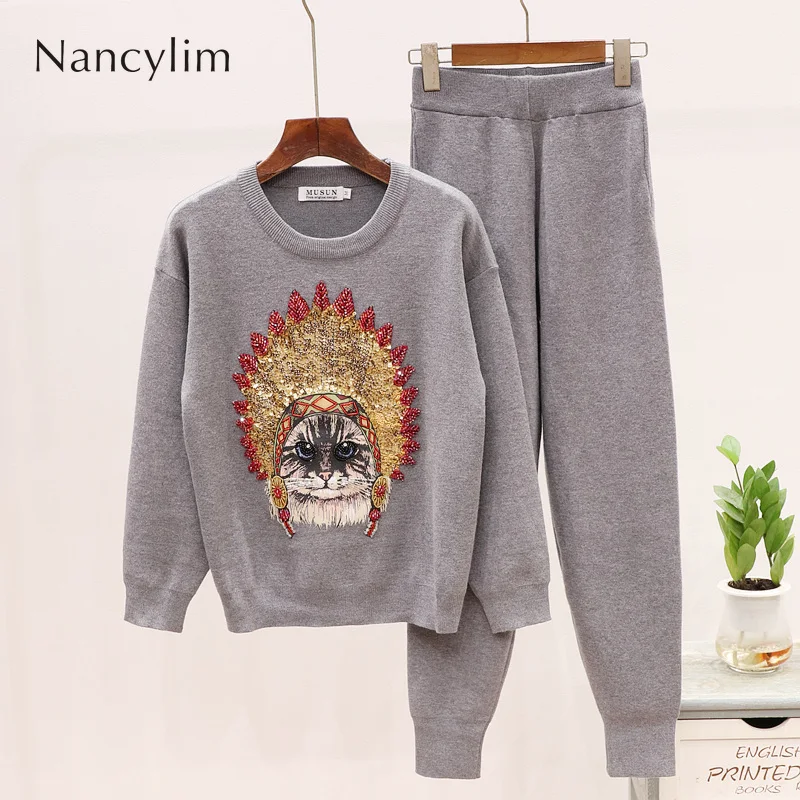 

Autumn Women's Tracksuit Female 2019 Nes Pearl Bead Sequin Cat Long Sleeve Knitted Shirt + Leisure Trousers Femme 2 Piece Sets