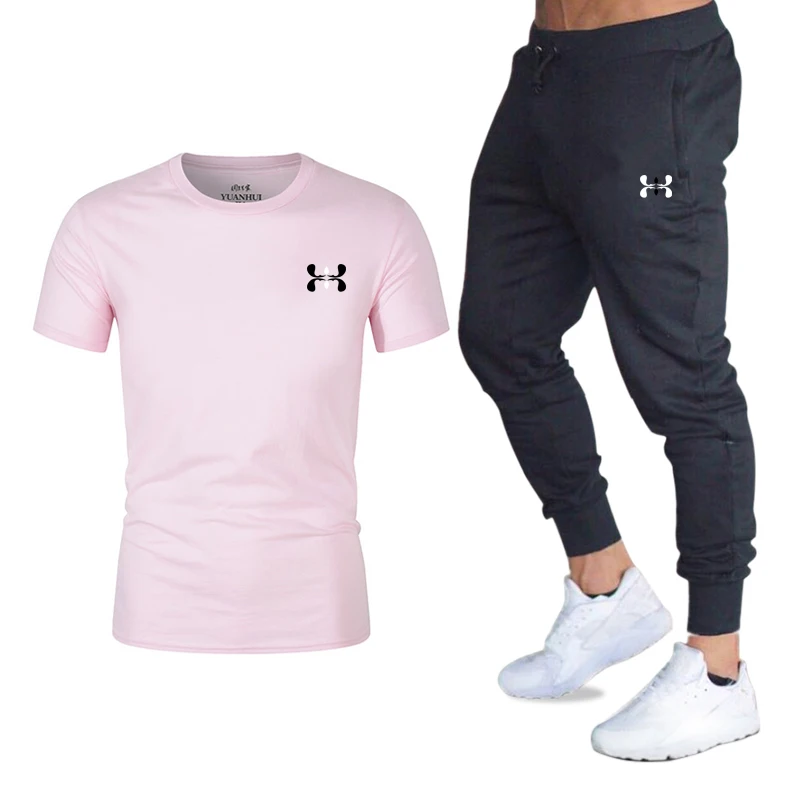 Лето, брендовая футболка, мужские комплекты, Модный хлопковый спортивный костюм с коротким рукавом, футболка+ штаны, мужские комплекты из 2 предметов, повседневная одежда - Цвет: 7