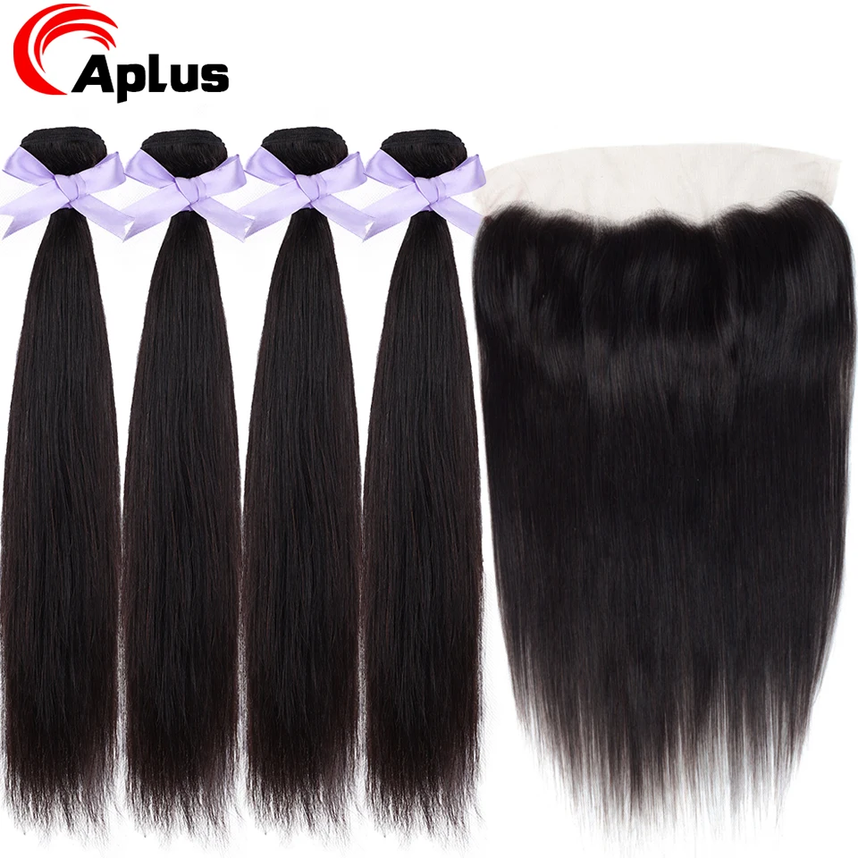 

Brazilian Straight Hair Weave 4 Bundles With Frontal 5 Pcs/Lot Non Remy Hair 13X4 Frontal Closure With Bundles Aplus Hair