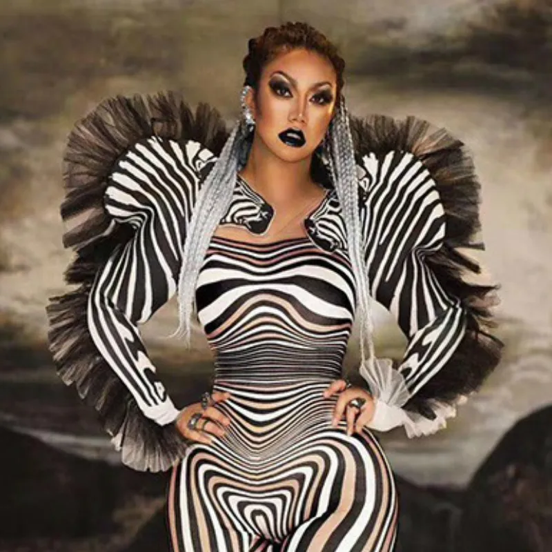 

New Fashion Zebra Pattern Jumpsuit Women Singer Sexy Stage Outfit Bar Dance Cosplay Bodysuit Performance Costume Worship Dance
