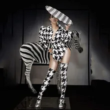 Мода Джазовый Танец Набор Зебра Полосы Печати Боди Костюм День Рождения Праздновать Танец Наряд Женщины Певица Бар Пром Сексуальная Одежда