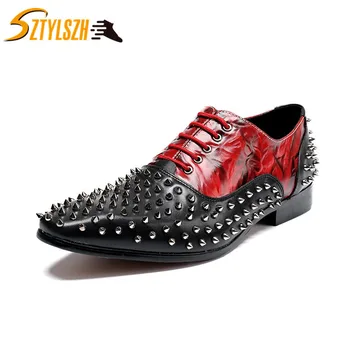 

New Men's Dress Rivets Leather Shoes Genuine Leather Wedding Shoes Social Nightclub dance party Male Oxfords Flats Shoes Sapatos