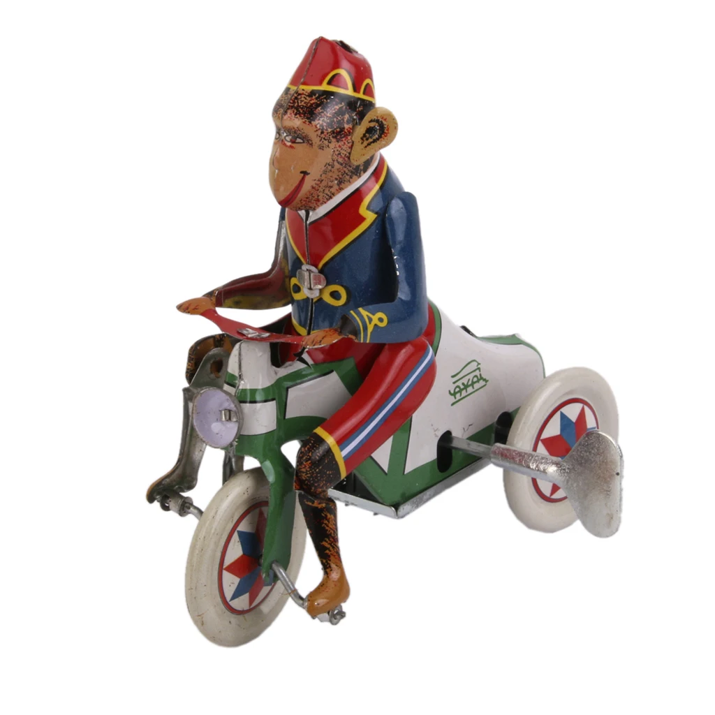 Vintage Style Mechanical Clockwork Windup Metal Monkey Riding A Car Tin Toy Gifts