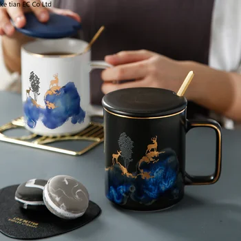 

Nordic minimalistic creative mug ceramic cup with lid spoon 400ML personality trend couple coffee mug gift box packaging