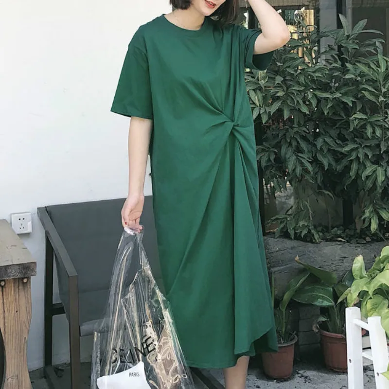 

Summer Vintage Pleated Midi Dress Women Casual Solid Slim Short Sleeve Black Dresses Female Korean T-shirt Dress Clothes 2020