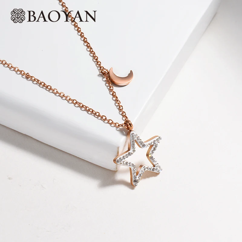 Ожерелье Baoyan Lucky Star, полые стразы, ожерелье с подвеской в виде звезды, розовое золото/серебро/позолота, ожерелье из нержавеющей стали для женщин - Окраска металла: Rose Gold