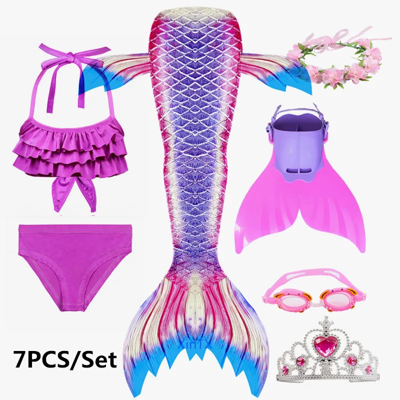 7pcs as picture show Модный купальный костюм русалки С флиппером, детские плавательные хвосты русалки для девочек, летняя пляжная одежда, купальный костюм - Цвет: 7pcs as picture show
