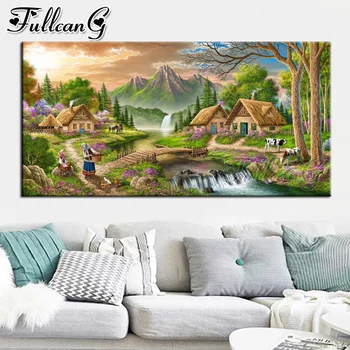 

FULLCANG cottage river mountain landscape large diamond painting 5d diy full square round drill mosaic embroidery sale FC2723
