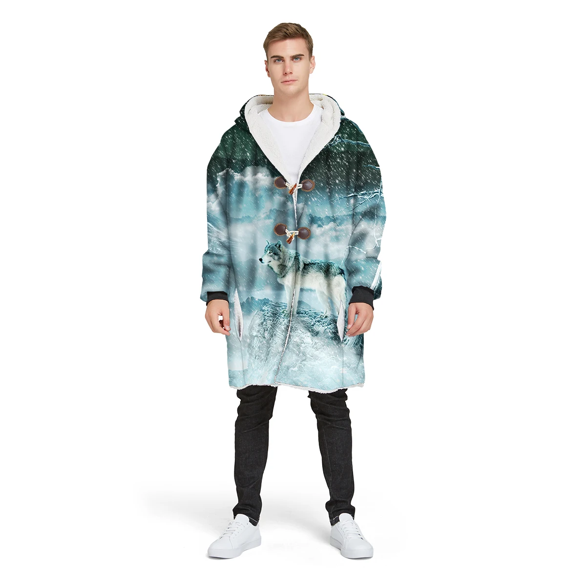 

2019 new brand 3D print custom design man's Sherpa coat loose long winter plus velvet jacket 100% polyester hooded warm CL18