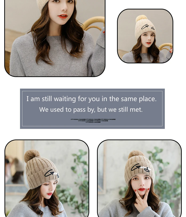 New Winter Knitted Beanies Hats Women Pompom Letter Knit Hat Fashion Solid Color Warm Beanie Skullies Hat Female Winter Cap