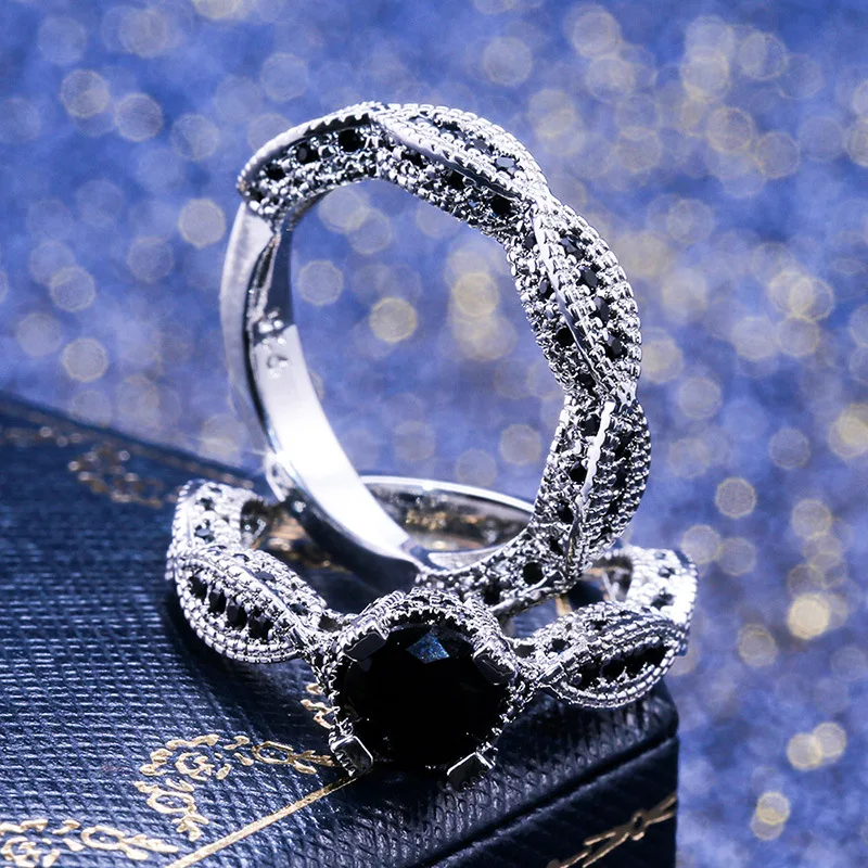 Винтажное женское черное круглое циркониевое кольцо набор креативный серебристый крестик обручальное кольцо романтические обручальные кольца для влюбленных женщин