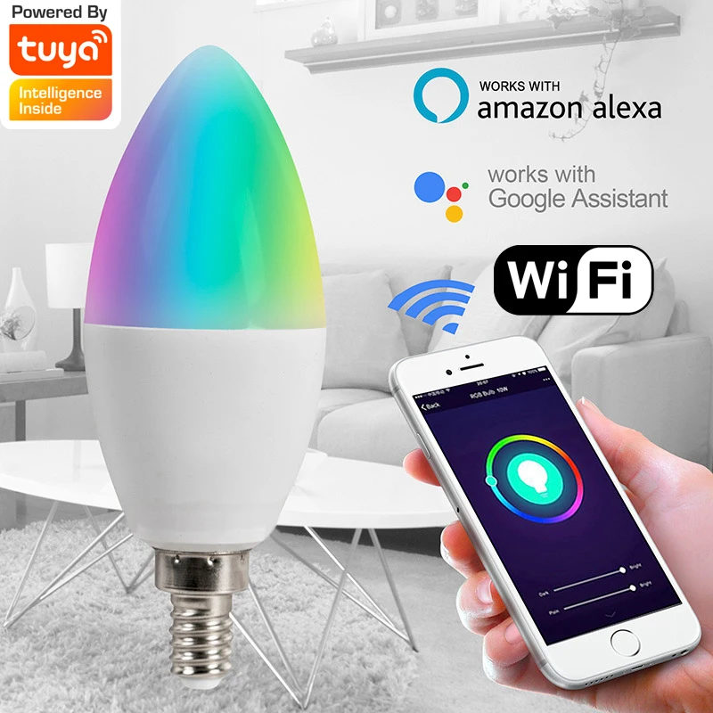 

Smart WIFI Light Bulb, C37 Dimmable RGBCW, E12 E14 Base LED Candle Lamp Chandelier, 5W 450LM, Work With Alexa Google Home