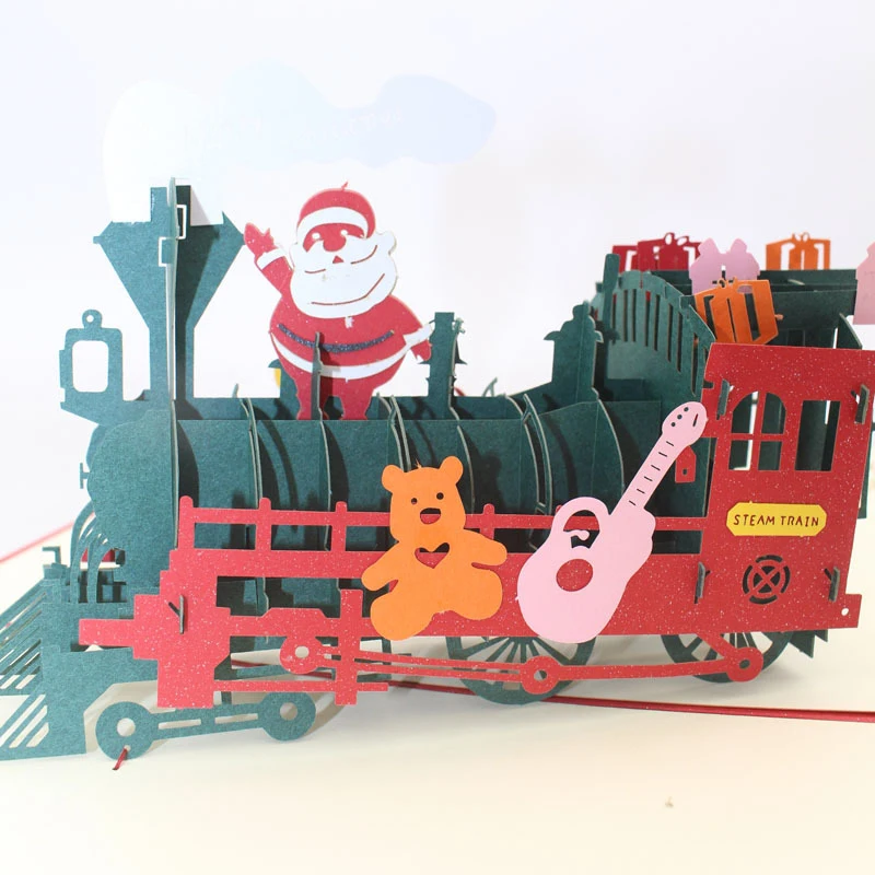  3D Handmade Cartoon Santa Present Train Locomotive Paper Invitation Greeting Cards PostCard Merry C - 4000336894674