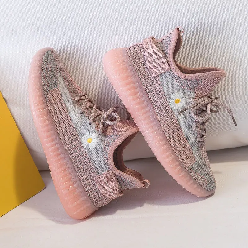 

Women Sneakers Flying Woven Mesh Breathable Casual Running Shoes Fashion Daisy Print Jelly Bottom Walking Female Sports Shoes