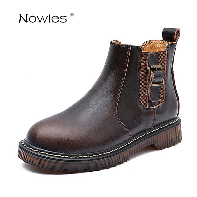 

Brown Buckles Chelsea Boots Women Shoes Fashion Boots Round Short Boots Toe Size 35-40 Genuine Leather Ladies Shoes
