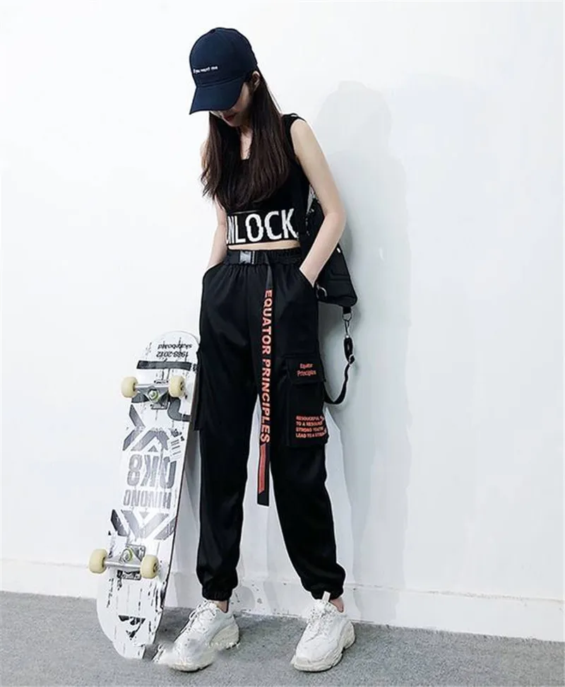 Ulzzang шикарные брюки в стиле хип-хоп женские осенние брюки Карго повседневные свободные брюки спортивные брюки уличная мода высокие уличные