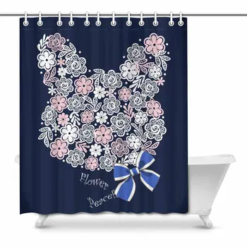

Cute Rabbit Fabric Bathroom Shower Curtain Decor Set with Hooks, 66W x 72L Inches