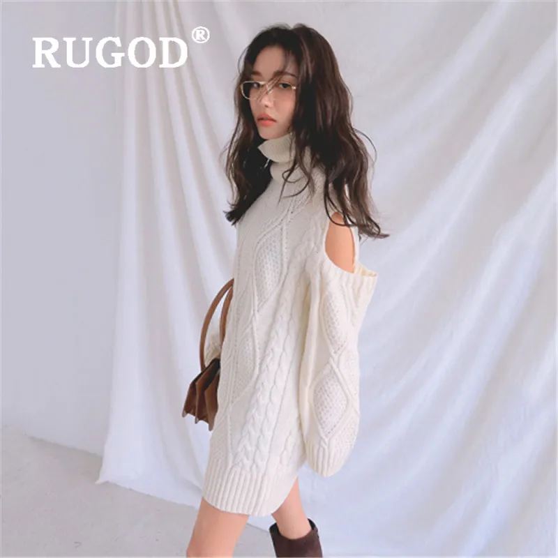 RUGOD, корейский стиль, стиль, с открытыми плечами, карамельный цвет, водолазка, свитер с узором диоманда, вязаный пуловер, Зимние Топы для женщин