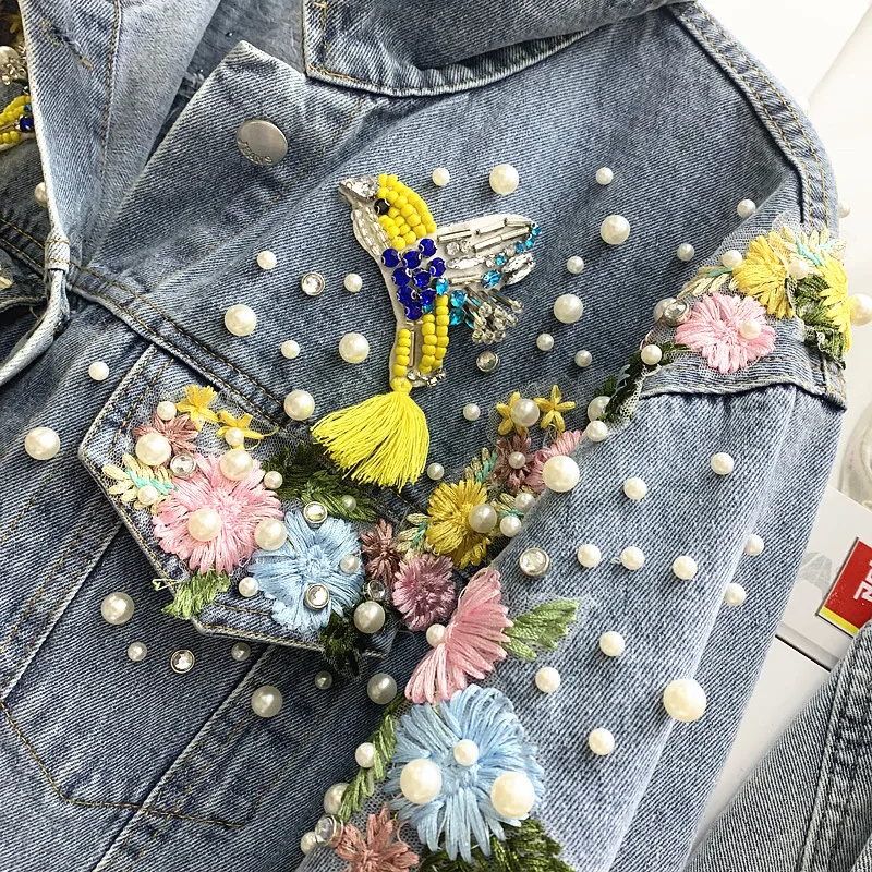 Harajuku Осень Новые модные джинсы Джокера пальто Женская тяжелая промышленность Алмазная вышитая бисером свободная ковбойская куртка женские джинсовые пальто