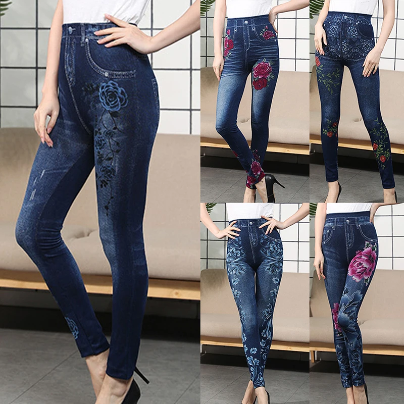 Women Fashion Floral Seamless Skinny Legging Stretchy Fit Pants Trousers