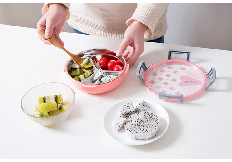 TUUTH Healthy Plastic & Stainless Steel Food Container Portable Lunch Box Camping Picnic Food Fruit 3 Grids Container Storage Box7