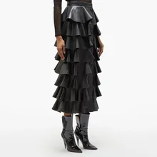 Осень, Дизайнерские юбки из искусственной кожи с каскадными оборками, высокая талия, однобортные, на пуговицах, с поясом, однотонные черные юбки