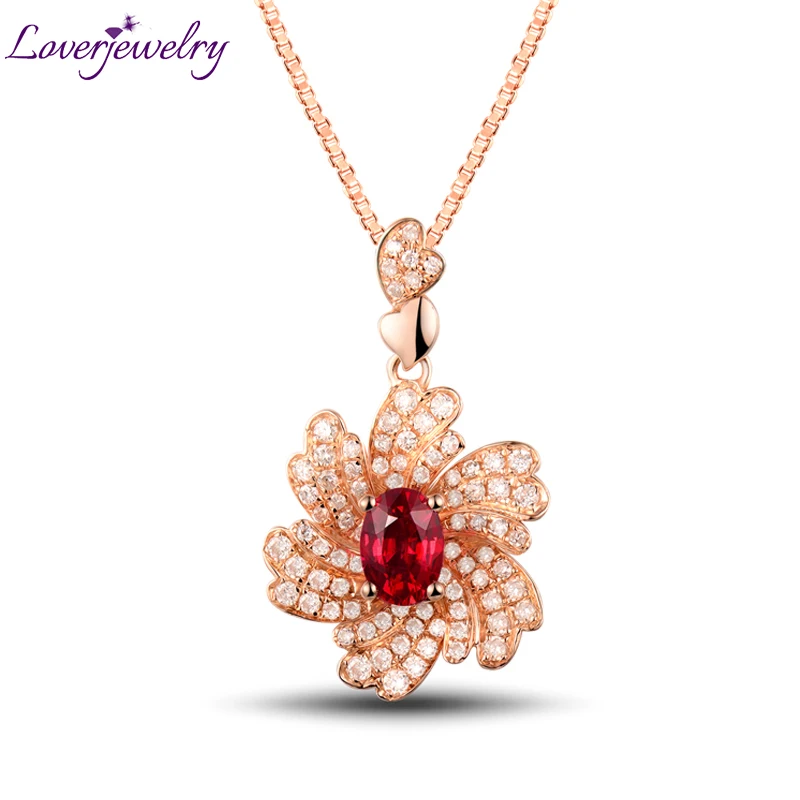 Ruby Pendant LOVERJEWELRY, женская подвеска в виде рубинового цветка, ювелирное изделие, 18 К, розовое золото, натуральные бриллианты, рубин, подвеска для леди, танцы, вечерние украшения - Цвет камня: Ruby Pendant