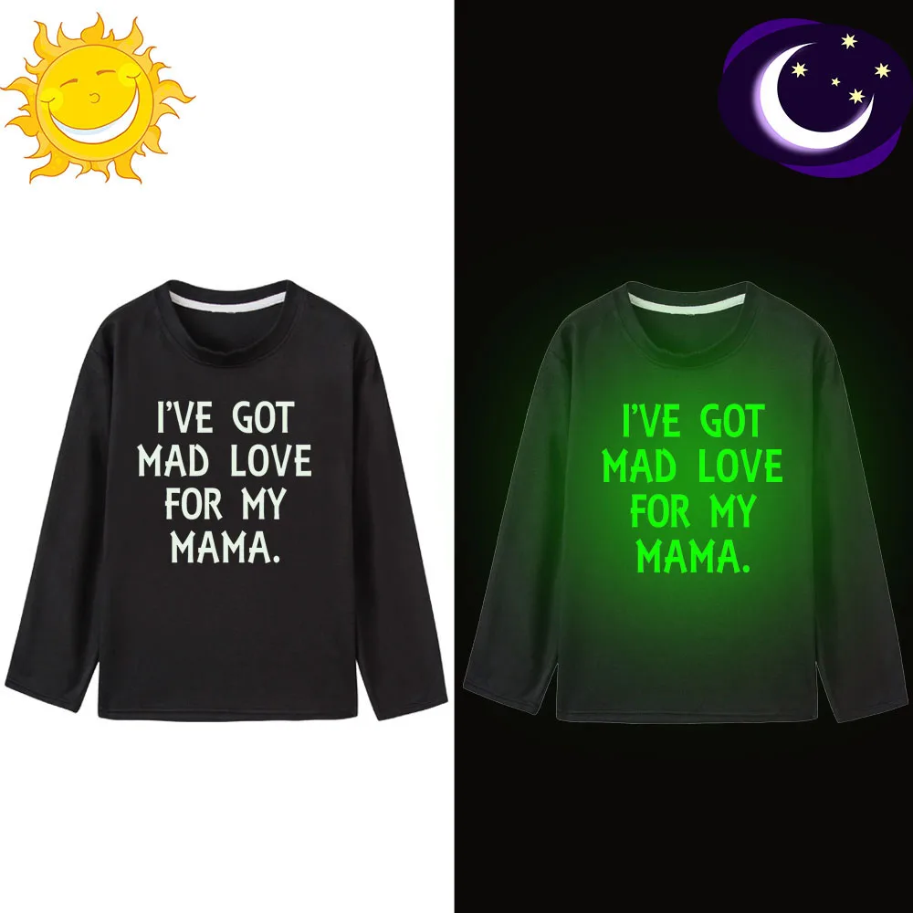 Детская одежда с надписью «I 've Got Mad Love for My Mama» Детская футболка для мальчиков футболки для малышей футболки с длинными рукавами, одежда топы, светящаяся футболка