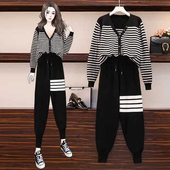 

plus size autumn winter Korean striped knitting cardigan and knitted long harem pants set for women two pieces set women outfits
