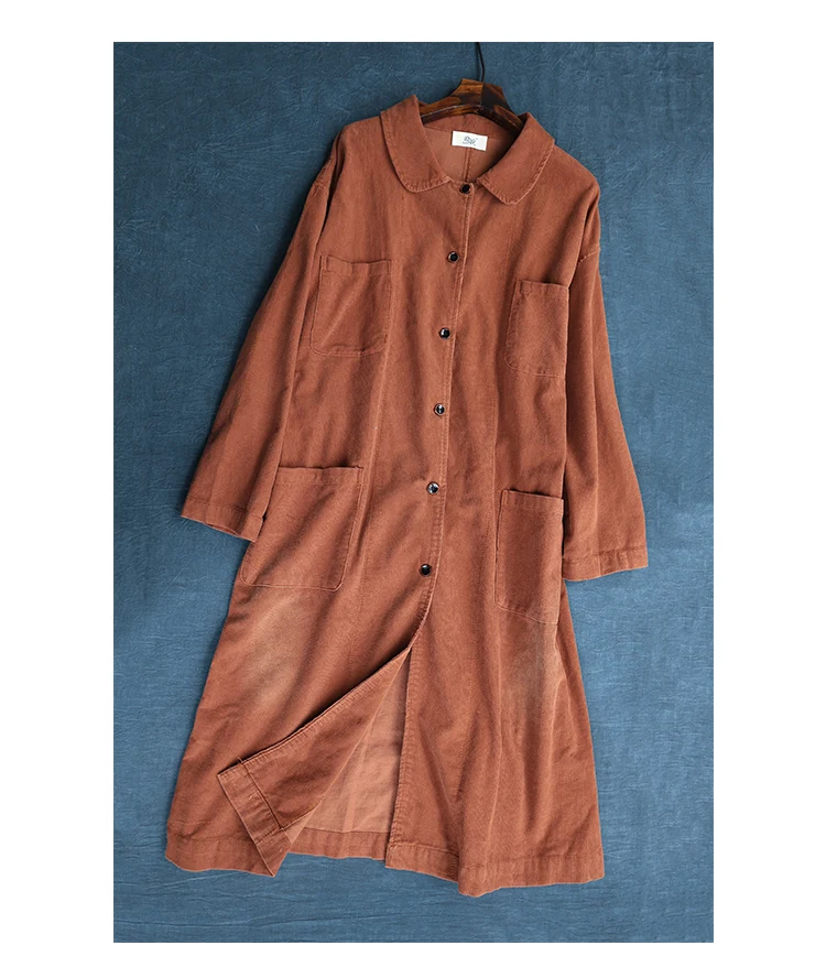 Su Yi Lane Retro Corduroy Mid-length Workwear Pocket Peter Pan Collar Shirt Coat Trench Coat Women's Lower Back Lace-up Autumn