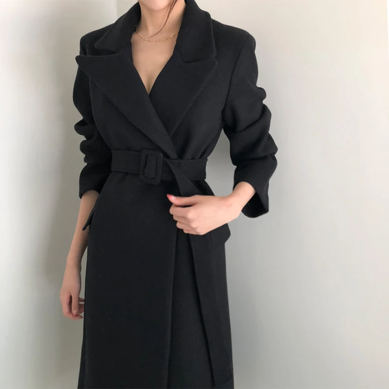 Cena Moda stałe kobiety długi wełniany płaszcz pani urząd Slim damska wełniana kurtka pas płaszcz i kurtka