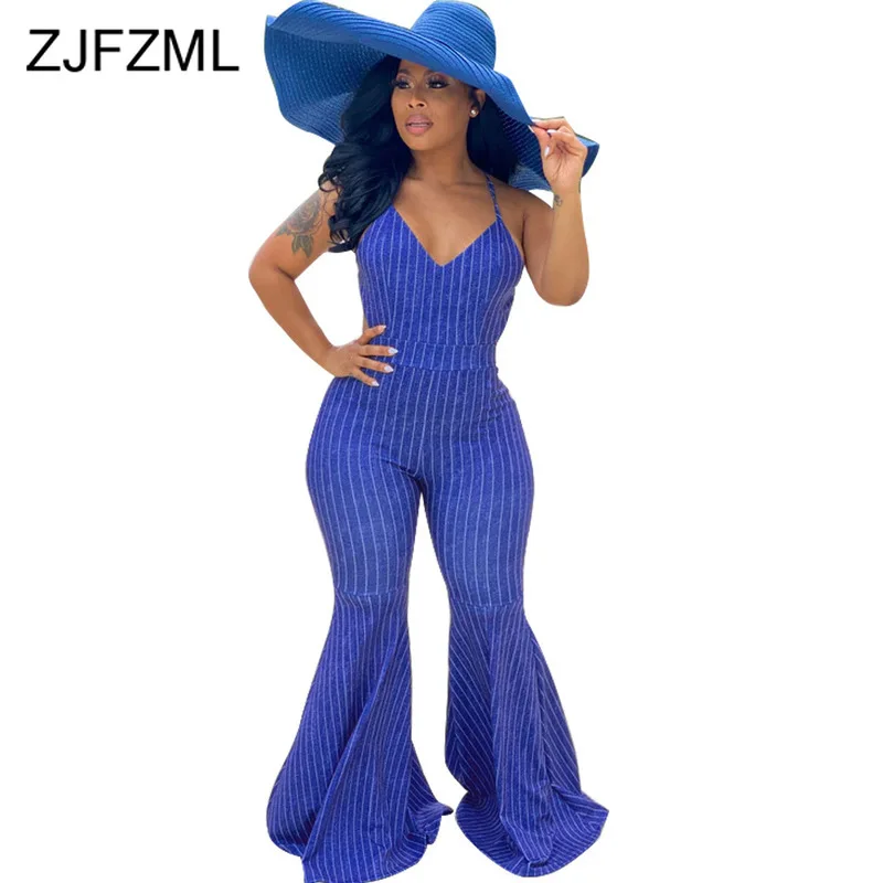 Blue White Striped Rompers Womens Jumpsuit Spaghetti Strap Sleeveless Bell Bottom Playsuit Summer Cross Backless Party Bodysuit Blue White Striped Rompers Womens Jumpsuit Spaghetti Strap Sleeveless Bell Bottom Playsuit Summer Cross Backless Party Bodysuit