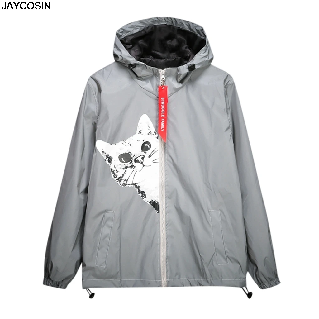new Men's 3M Reflective Jacket Cat Hip Hop Funny Pocket hooded waterproof Men women streetwear Windbreaker Jackets Homme Coats