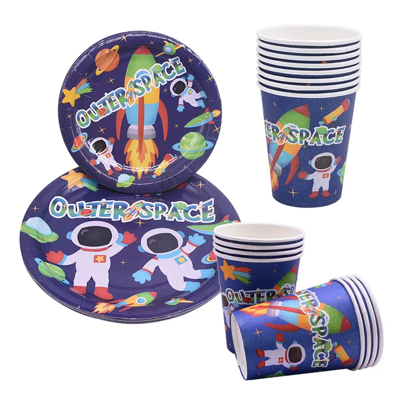 New space theme party astronaut rocket ship aluminum foil balloon Galaxy / sun plate paper cup straws birthday theme party