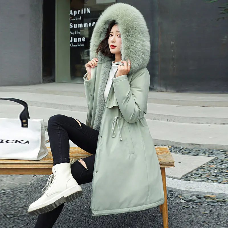 

Women Padded Coat Hooded Mid Length Big Fur Collar Down Cotton Liner Jacket Female Thick 2020 Winter Plus Size Outerwear Warm 34