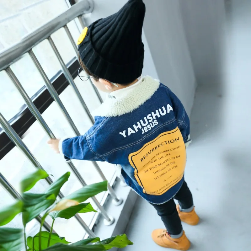 

Boys' Denim Jacket plus Velvet Children Berber Fleece Tops Winter New Style Baby Winter Children Thick Jacket