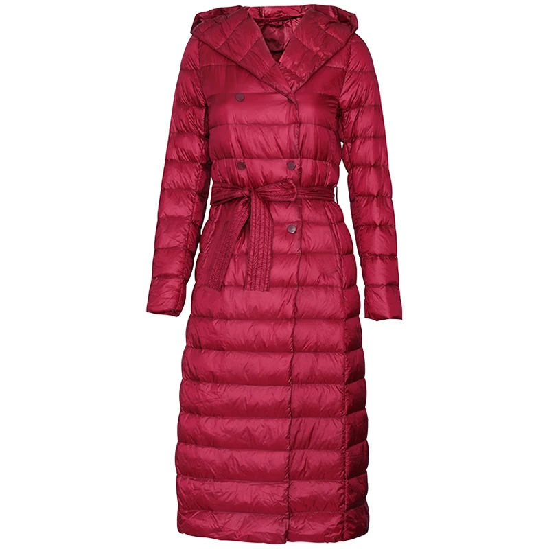 Fitaylor новые зимние женские ультра светильник утка вниз длинное пальто однобортный размера плюс теплая зимняя верхняя одежда тонкий с капюшоном - Цвет: Wine Red