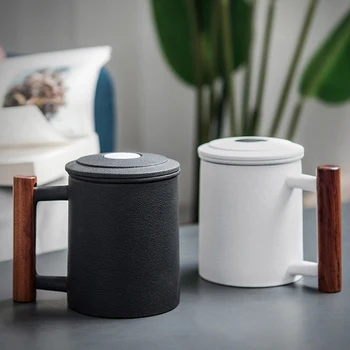 

NEW Black Ceramic Retro Tea Mugs Office Water Cup Filter Tea Cup Coffee Cup Birthday Gift with Cover Cups Wooden Handle tea mug