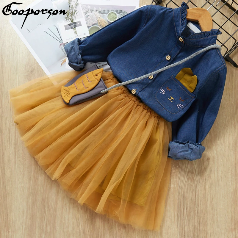 

New Spring Girls Clothes Set with Free Bag Jean Cat Long Sleeve Shirt Mesh Dress and Fish Bag 2 Pcs Clothes Set Children Outfits
