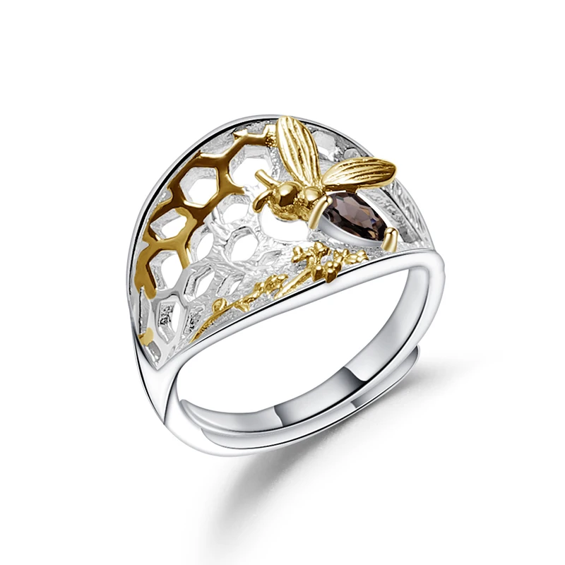 Gem балетки Золотое кольцо с пчелиными сотами 0.21Ct натуральный розовый кварц бусы 925 пробы Серебряное кольцо ручной работы для Для женщин, хорошее ювелирное изделие