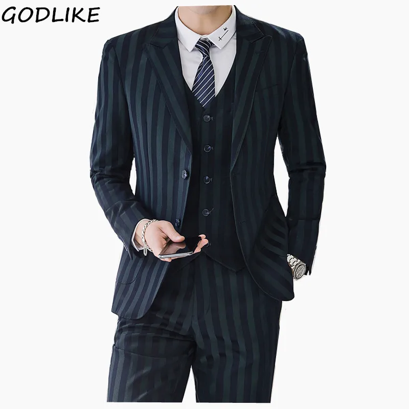 Casual Striped Suit Men korean Green business wedding Slim Fit mens suits costume homme 3 piece Plus Size 5XL blazers suit