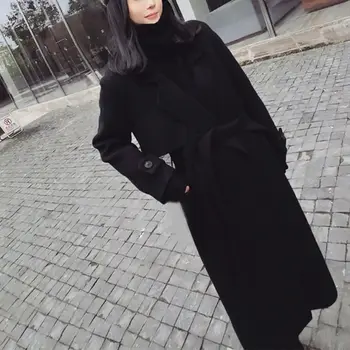

Women Autumn Winter Jackets Fashion Solid Black Long Sleeve Sashes Lapel Double-Sided Elegant Temperament Charming And Generous