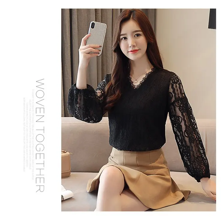 Women's Large Size Blouse Green Lace Tops Fashion Long Sleeve Blusas Mujer 2019 Moda Autumn Elegant Dentelle Shirts Female (10)