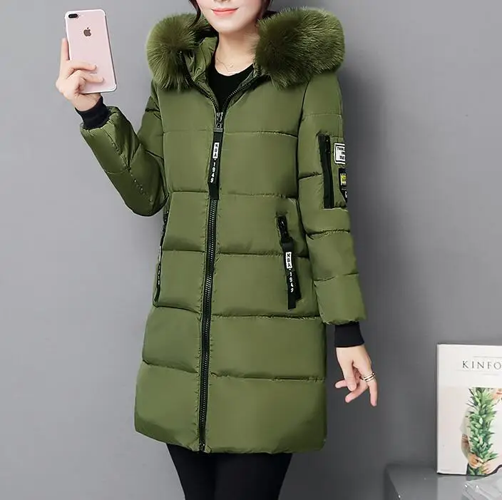 army green Длинная парка, куртка, женские зимние пальто, хлопок, повседневная, с капюшоном, длинная куртка, для девушек, теплая, толстая, тонкая, верхняя одежда, Женское пальто, Jaqueta Feminina - Цвет: army green