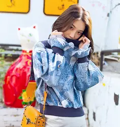 [Jin zi] Весна 2019, новый стиль, Европа и Америка, синий узор, Свободный пуловер, рукав-колокол, короткая универсальная модная толстовка с