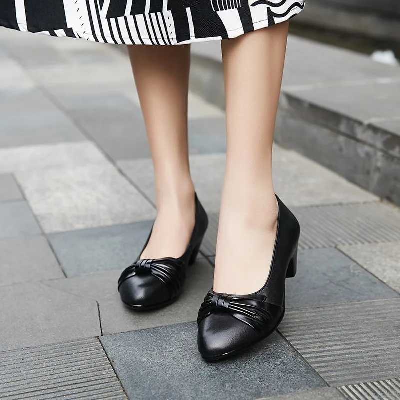 

Spring New Style 2019 Black And White with Pattern Versitile Fashion Bow Chunky-Heel Anti-slip Low-Cut Solid Color Foot Covering
